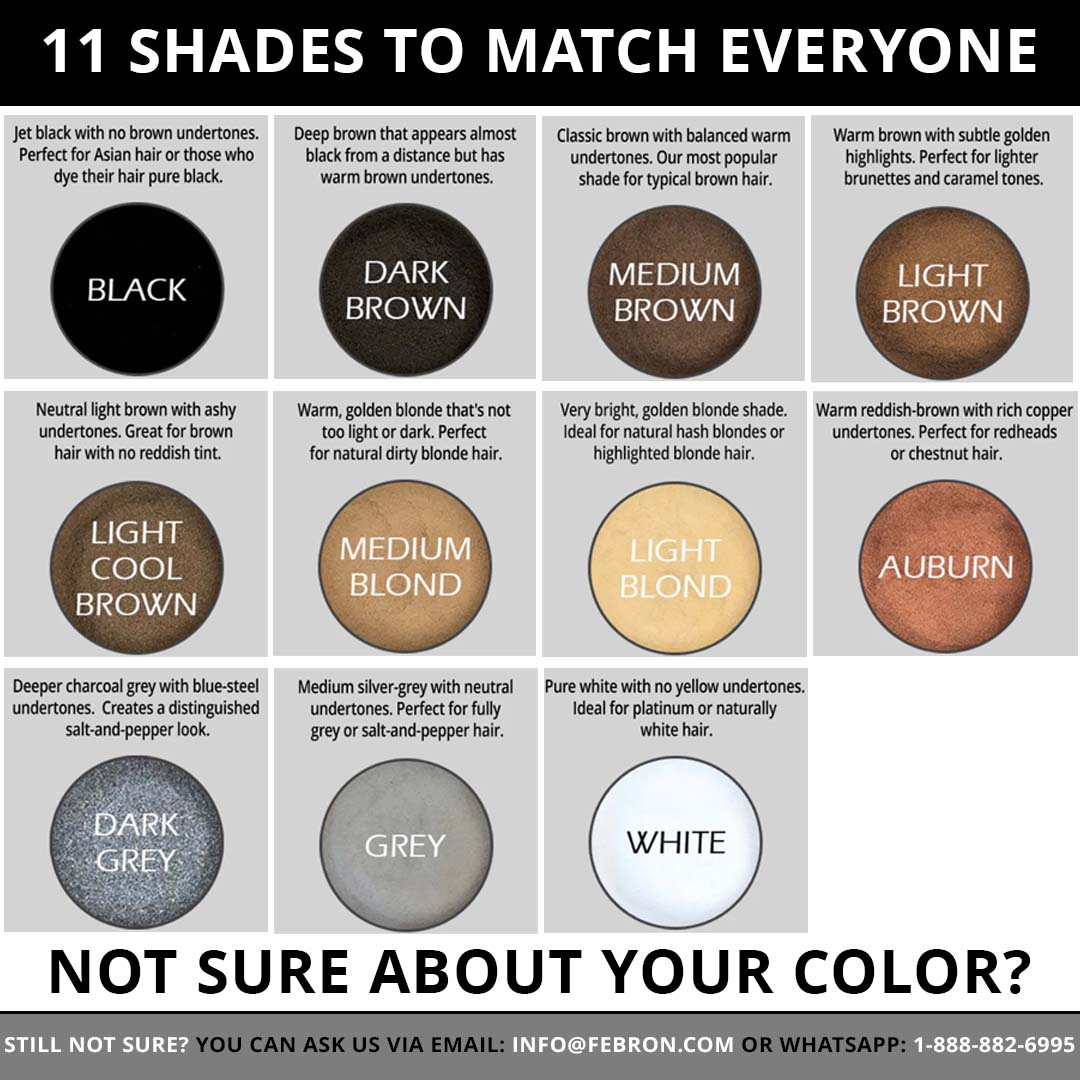 Febron Chart of 11 hair color shades with descriptions and examples.