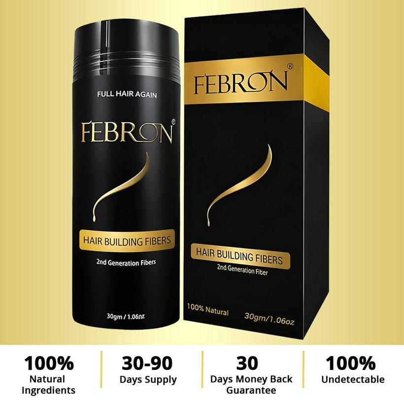 FEBRON hair building fibers bottle and packaging 100% natural & undetectable money back  90 days supply