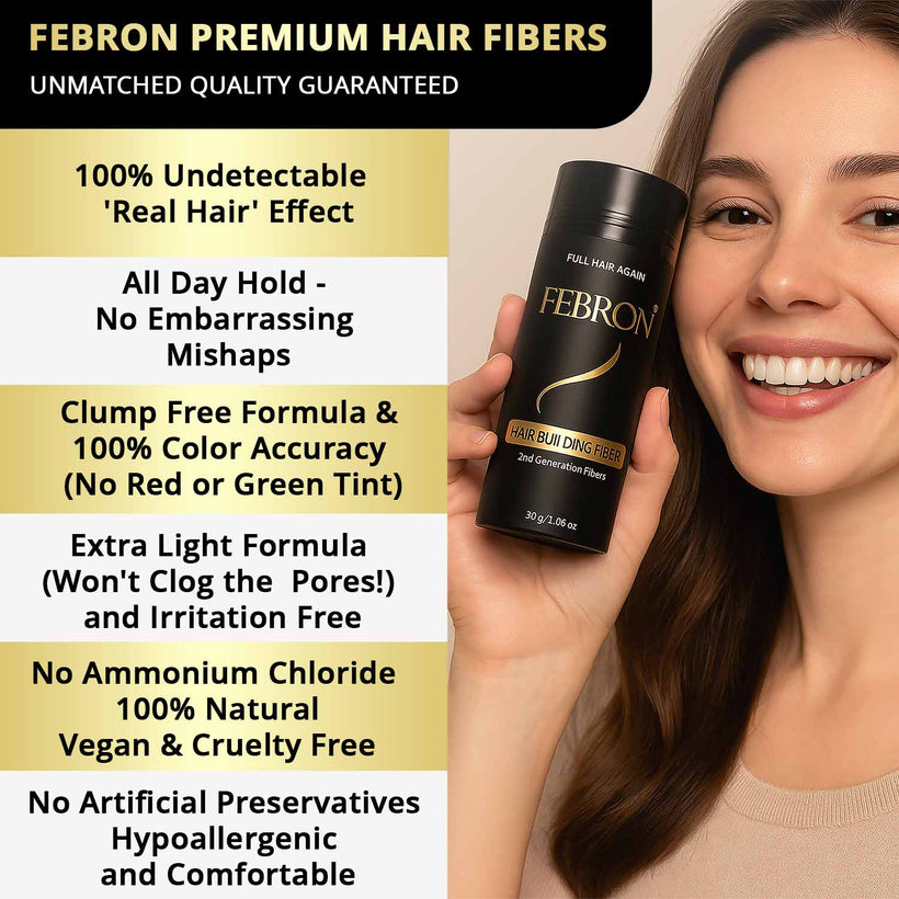 Febron hair fibers added value bullet points and woman holding it 