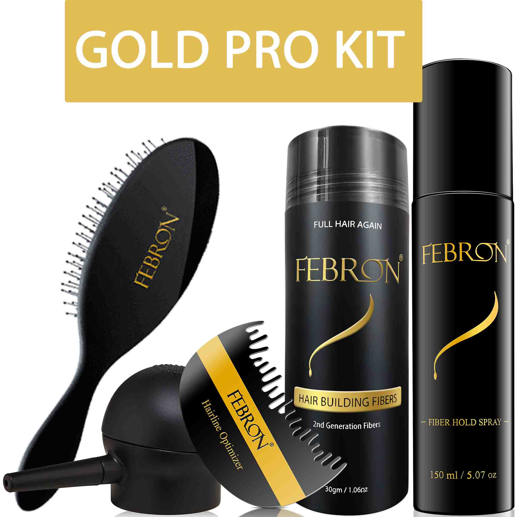 Febron® GOLD PRO KIT 18% OFF | Hair Building Fibers Set, spray applicator ionic brush and hairline optimizer 